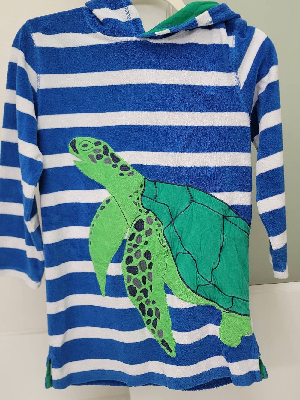 Mini Boden Blue & White Striped Hoodie with Green Turtle Appliqué